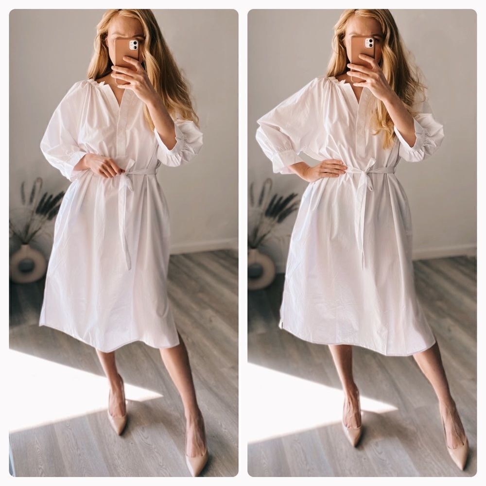 Mango Poplin Cotton Whitebelted Dress New